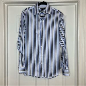 Michael Kors Blue Gray White Striped Button Up Dress Shirt